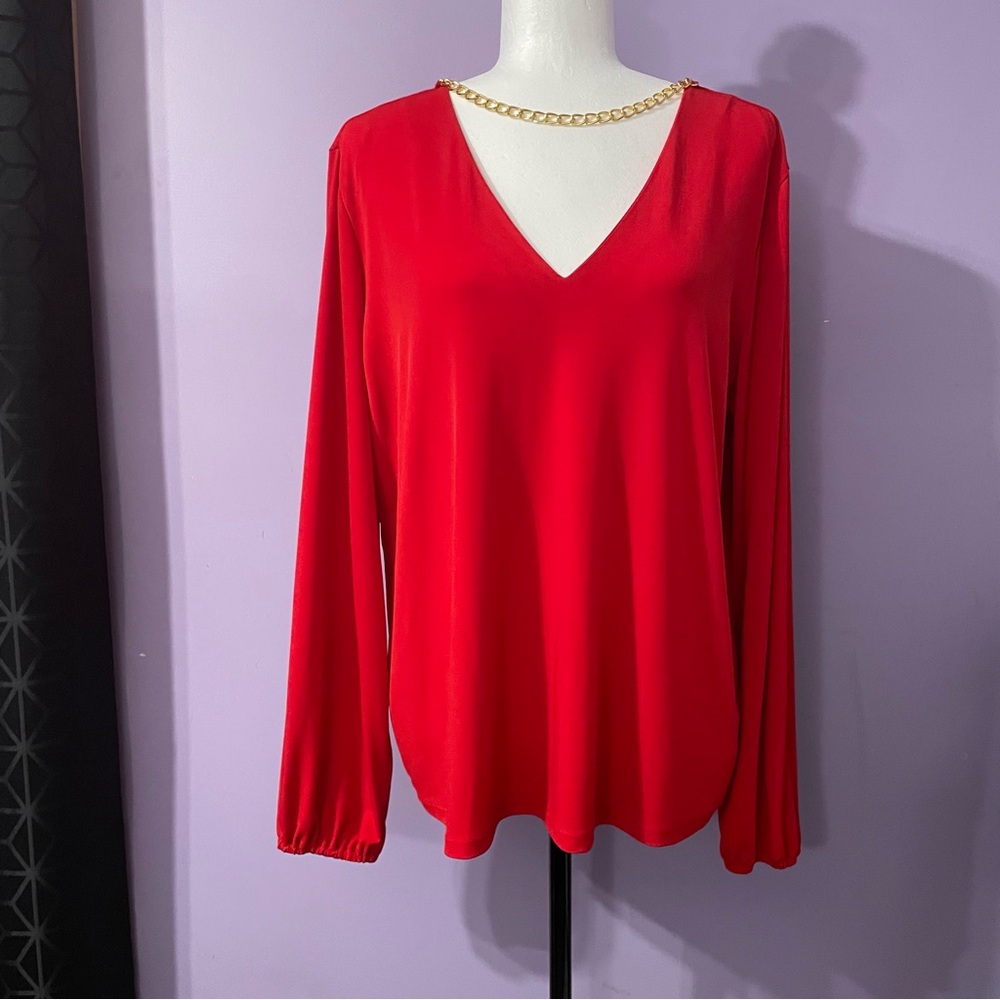 Michael Kors Red V-Neck Blouse with Gold Chain S XL